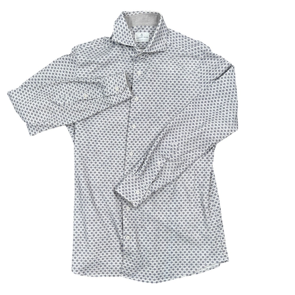Emanuel Berg Button Up Shirt Mens 16 M/L Gray Blue Floral Geometric Modern Fit - Picture 2 of 6
